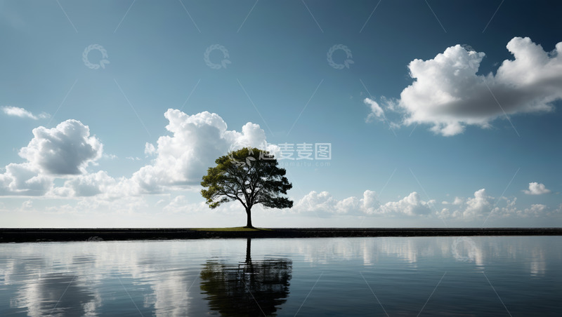高清大图下载【趣麦麦图】水边独树与蓝天白云倒影