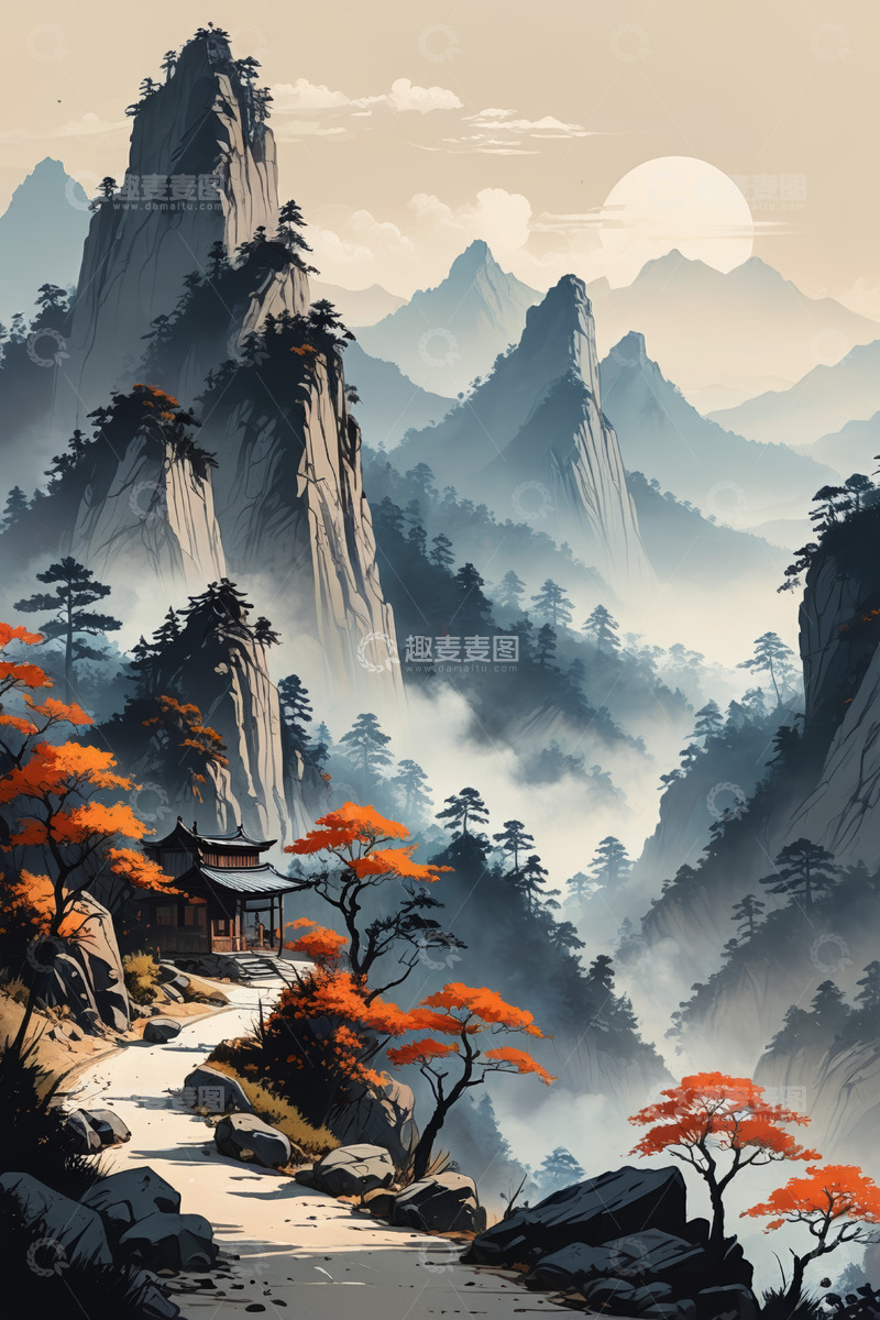 高清大图下载【趣麦麦图】中式山水间的古朴建筑景观