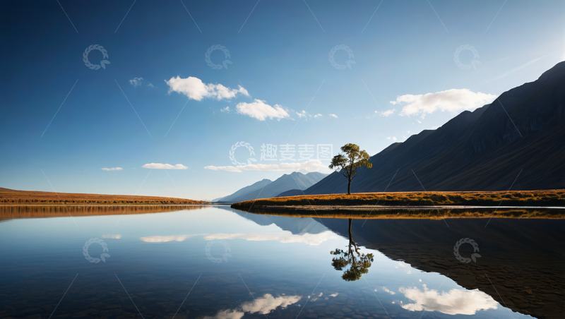 高清大图下载【趣麦麦图】山水间的孤树倒影风景