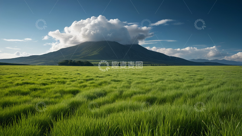 高清大图下载【趣麦麦图】草原上的山峰与白云风景