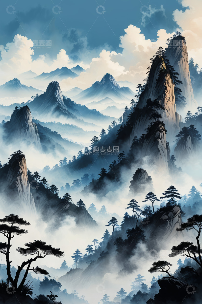 高清大图下载【趣麦麦图】中式山水云雾缭绕景观