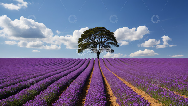 高清大图下载【趣麦麦图】紫色薰衣草田中的孤树景观