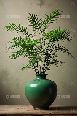 绿瓶中绿植静物特写