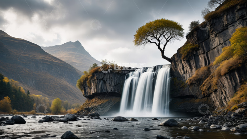 高清大图下载【趣麦麦图】山间瀑布与孤树自然风光