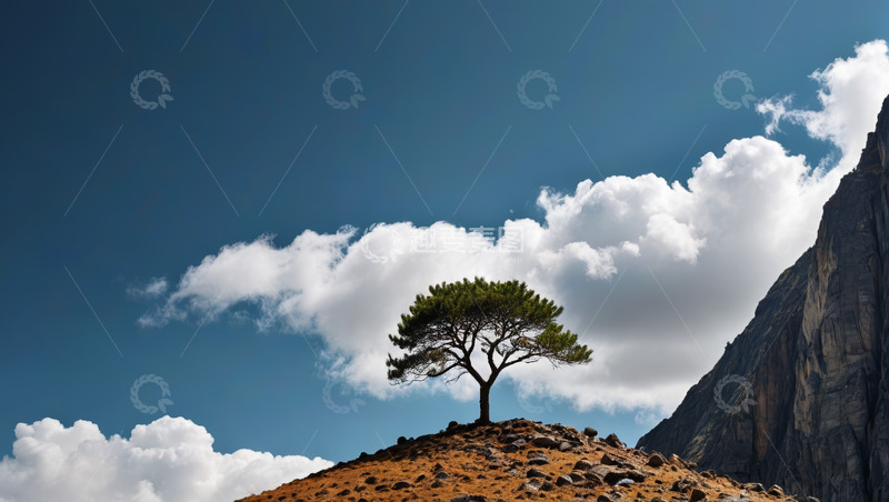 高清大图下载【趣麦麦图】山顶孤树与蓝天白云风景