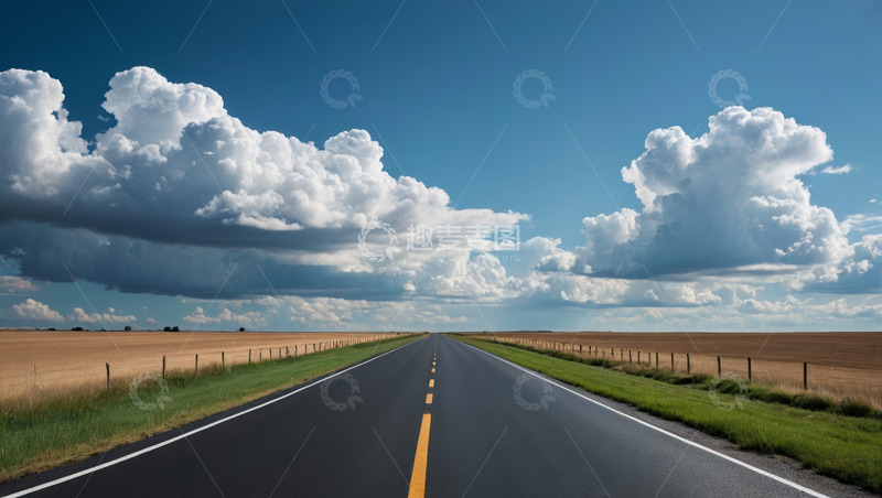 高清大图下载【趣麦麦图】开阔道路与蓝天白云风景