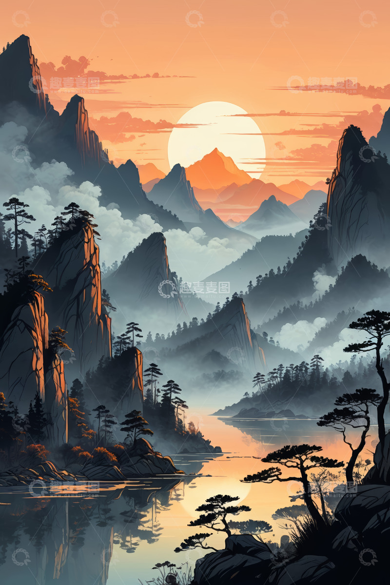 高清大图下载【趣麦麦图】夕阳下山水自然景观