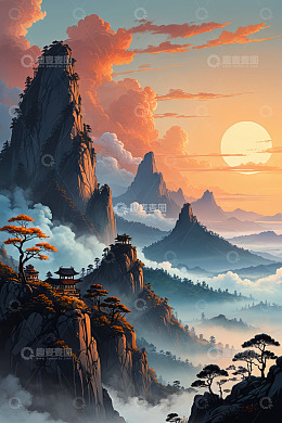 夕阳下的中式山水景观