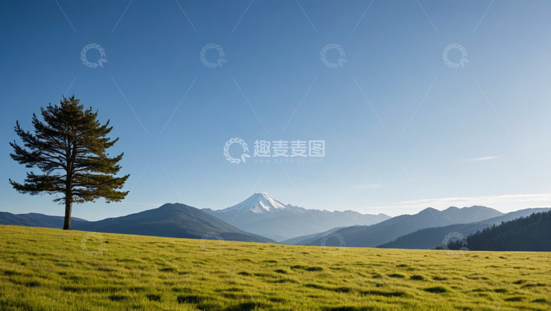 高清大图下载【趣麦麦图】草原孤树与远处雪山景观