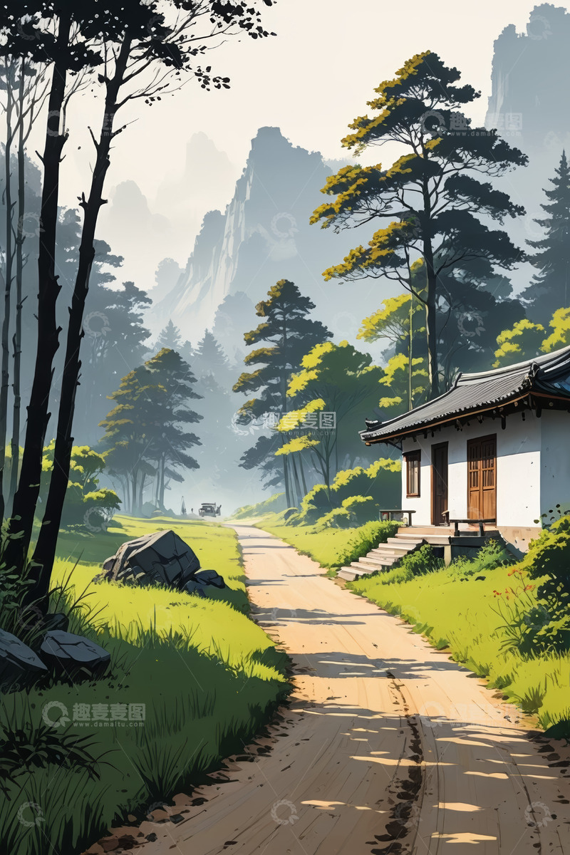 高清大图下载【趣麦麦图】山林间的中式小屋风景