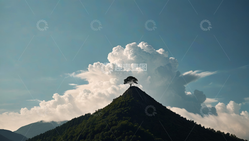 高清大图下载【趣麦麦图】山顶孤树与蓝天白云自然风光