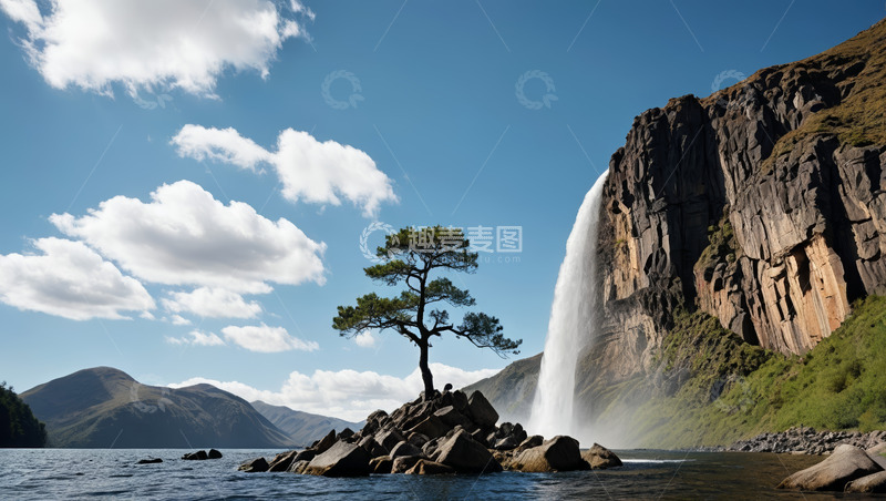 高清大图下载【趣麦麦图】瀑布旁孤树立于岩石景观
