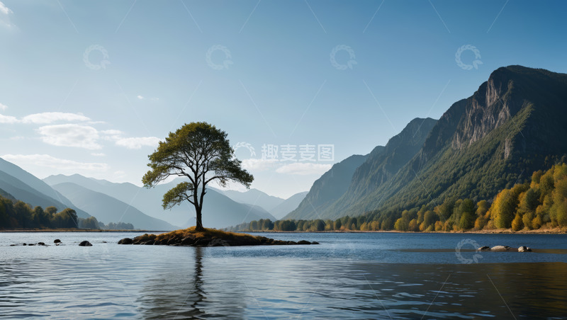 高清大图下载【趣麦麦图】湖中小岛孤树与远山风景