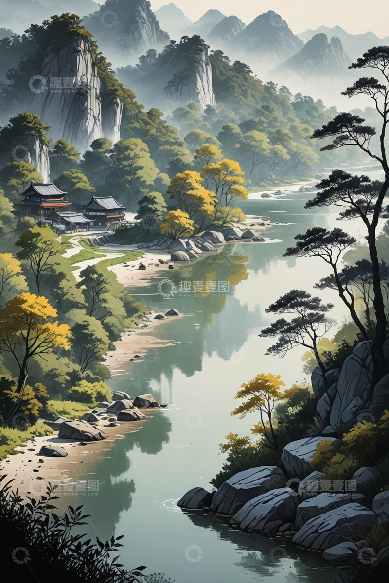 高清大图下载【趣麦麦图】山水间中式建筑风景