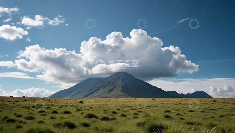 高清大图下载【趣麦麦图】草原上巍峨山峰与白云景观