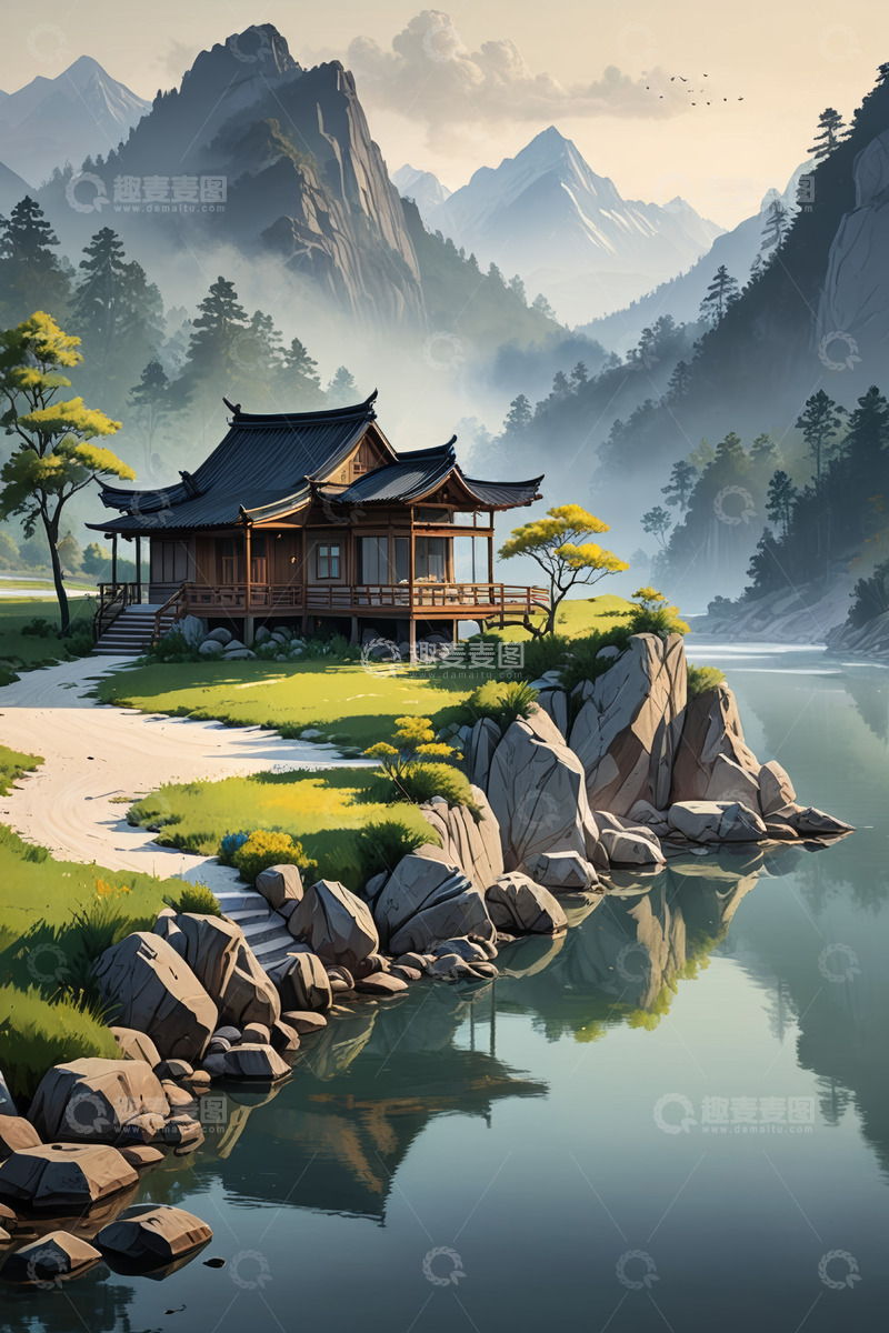 高清大图下载【趣麦麦图】山水间中式小屋风景
