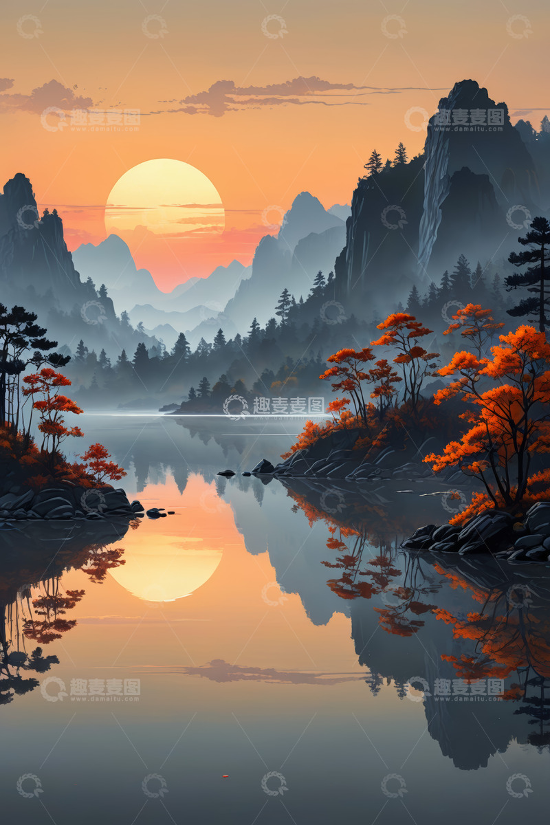 高清大图下载【趣麦麦图】山水间夕阳倒影自然风光