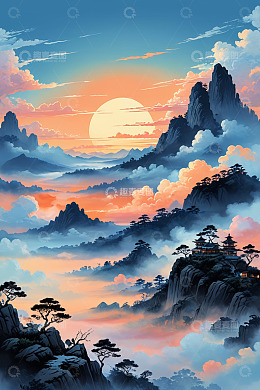 夕阳下的中式山水景观