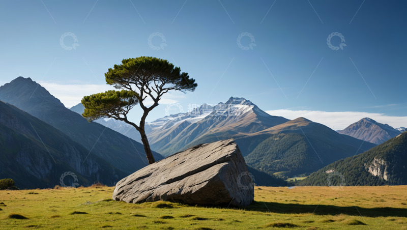 高清大图下载【趣麦麦图】山间巨石旁孤树自然风光