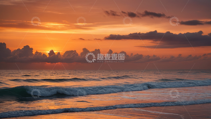 高清大图下载【趣麦麦图】海滩日落时分的海浪景观