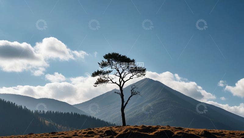 高清大图下载【趣麦麦图】山间孤树与蓝天白云景观