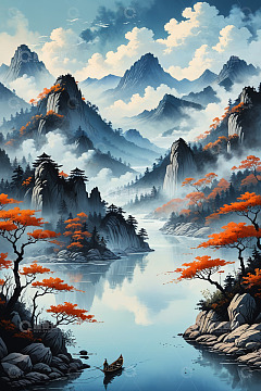 中式山水风景插画