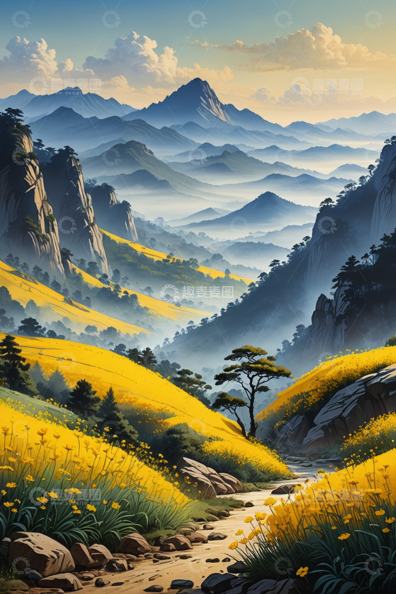 高清大图下载【趣麦麦图】山间黄花盛开的自然风光