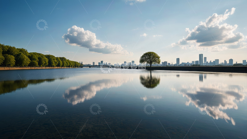 高清大图下载【趣麦麦图】城市湖边风景与倒影