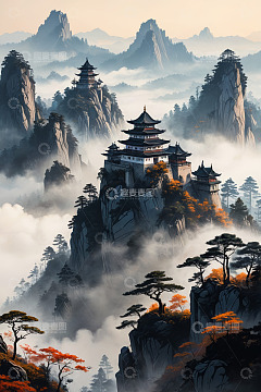 中国古风山水楼阁景观