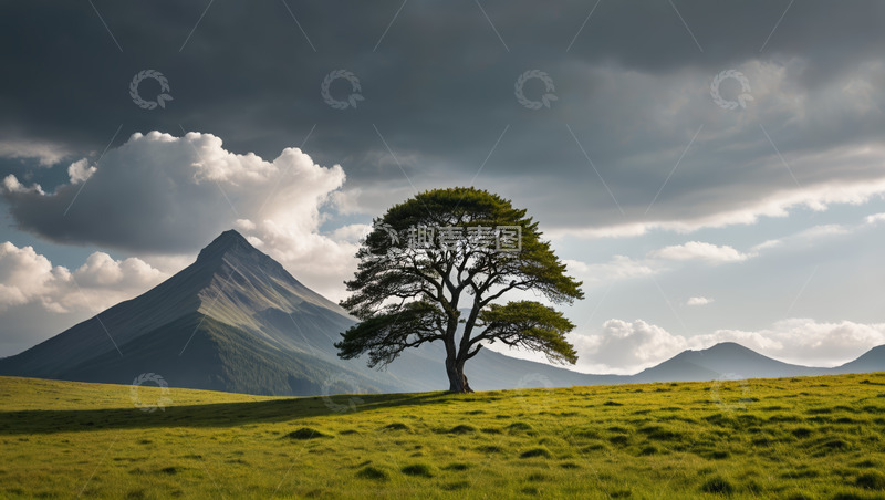 高清大图下载【趣麦麦图】草原孤树与远山风景