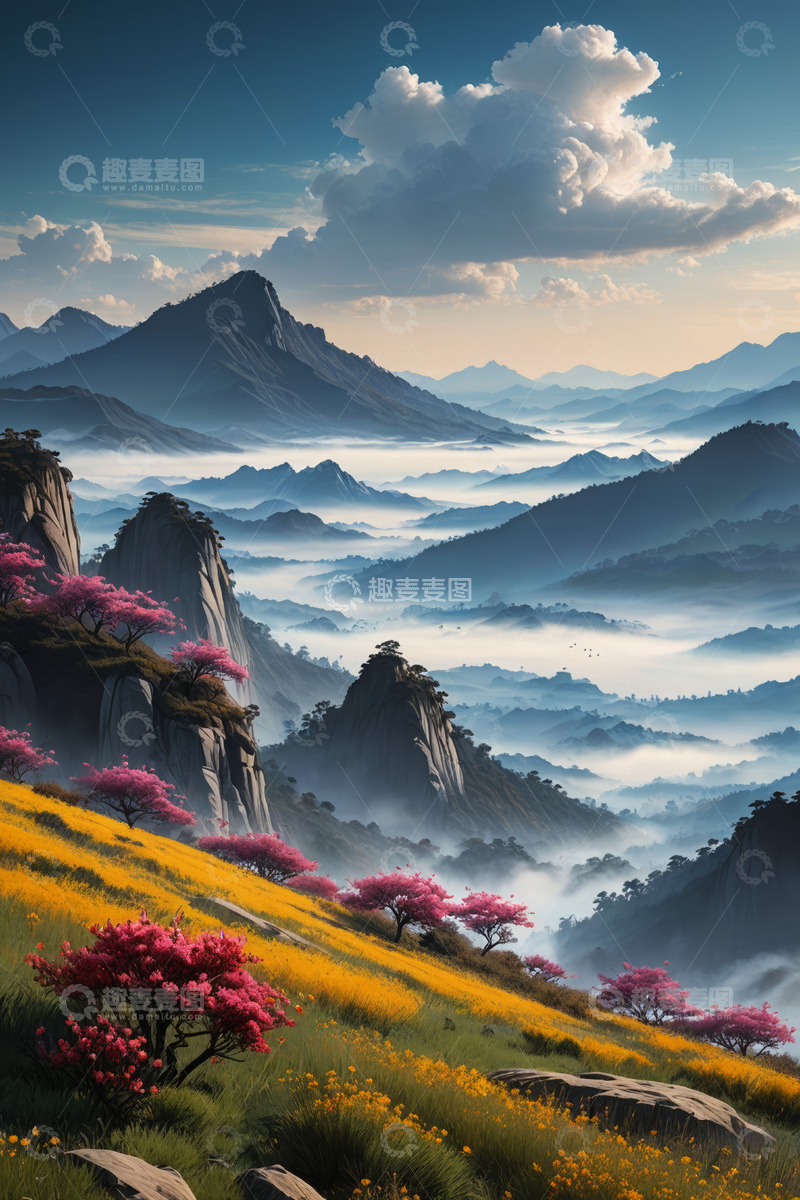 高清大图下载【趣麦麦图】山间云海与烂漫花丛景观