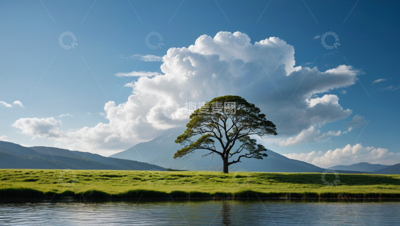 高清大图下载【趣麦麦图】草原湖畔单棵树自然风光