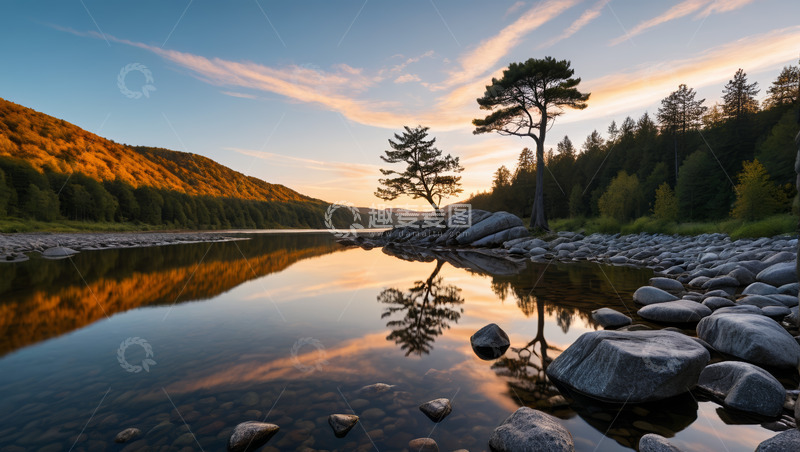 高清大图下载【趣麦麦图】湖畔森林黄昏自然风光