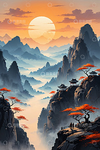 古风山水景观与亭台人物