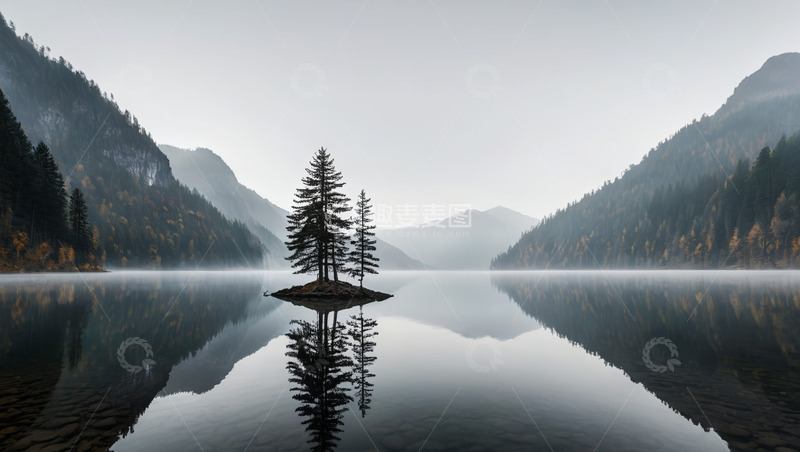 高清大图下载【趣麦麦图】湖中小岛松树自然风光