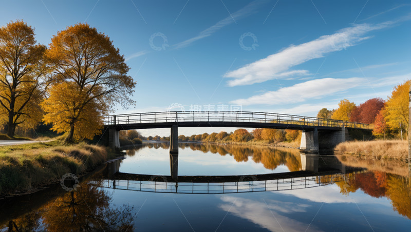 高清大图下载【趣麦麦图】秋日河畔桥梁自然风光
