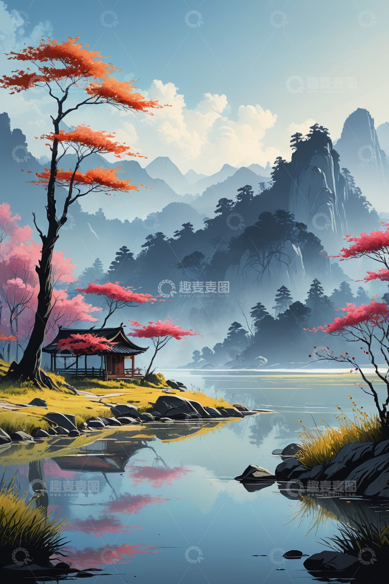 高清大图下载【趣麦麦图】中式山水风景中的古典亭阁