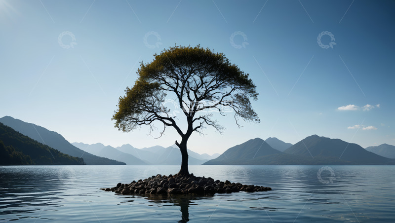高清大图下载【趣麦麦图】湖心小岛单棵树与山水风景