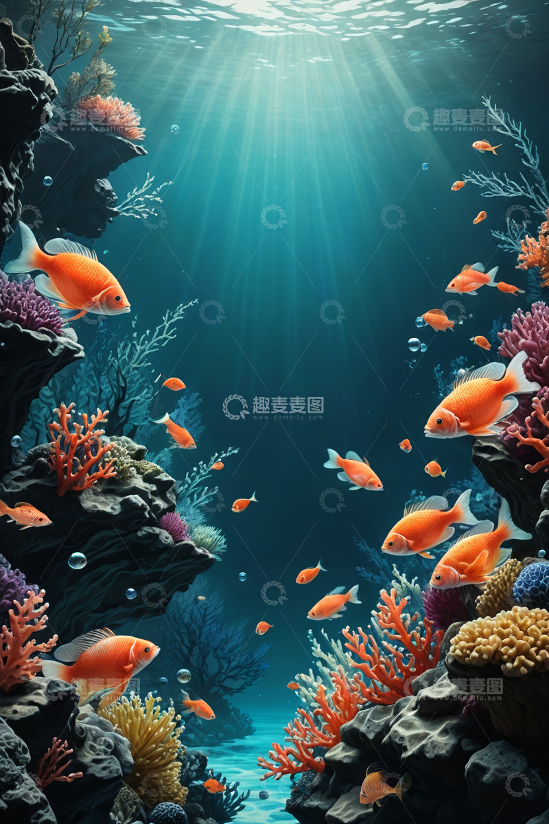 高清大图下载【趣麦麦图】海底珊瑚与游动金鱼景观
