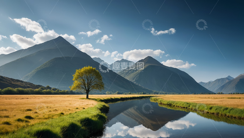 高清大图下载【趣麦麦图】原野河流旁的孤树与远山景观