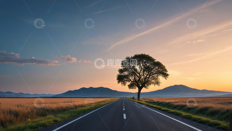 高清大图下载【趣麦麦图】田野公路旁的孤树与远山