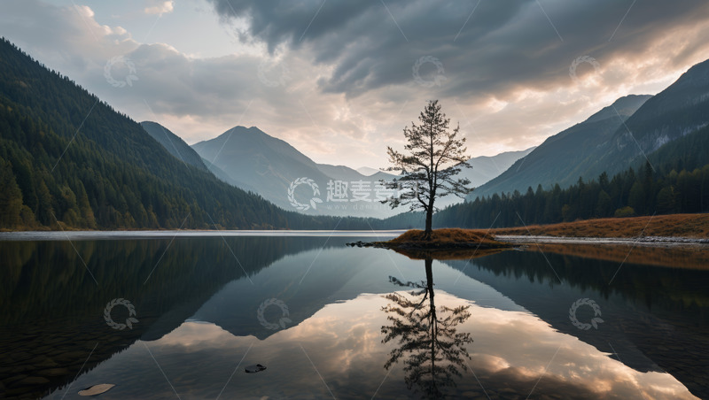 高清大图下载【趣麦麦图】湖畔孤树与连绵山脉风景