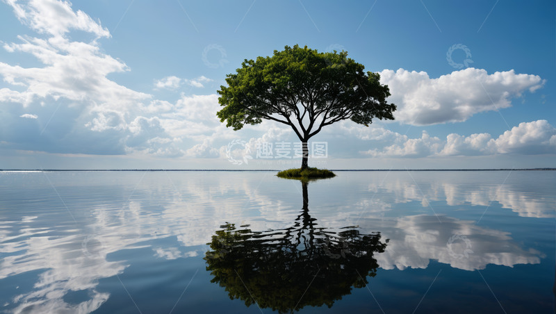 高清大图下载【趣麦麦图】水面上孤树与蓝天白云景观
