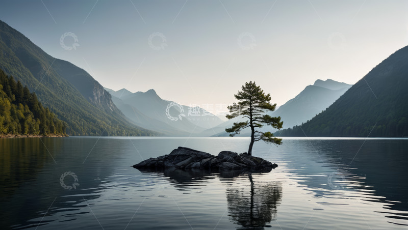 高清大图下载【趣麦麦图】湖中小岛孤树自然风光