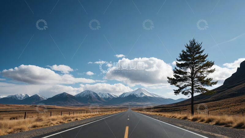 高清大图下载【趣麦麦图】旷野公路与远山树木风景