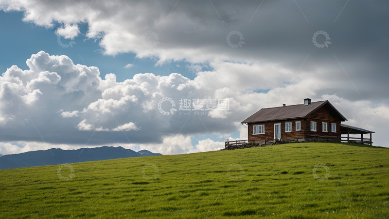 高清大图下载【趣麦麦图】草原上的木屋与蓝天白云景观