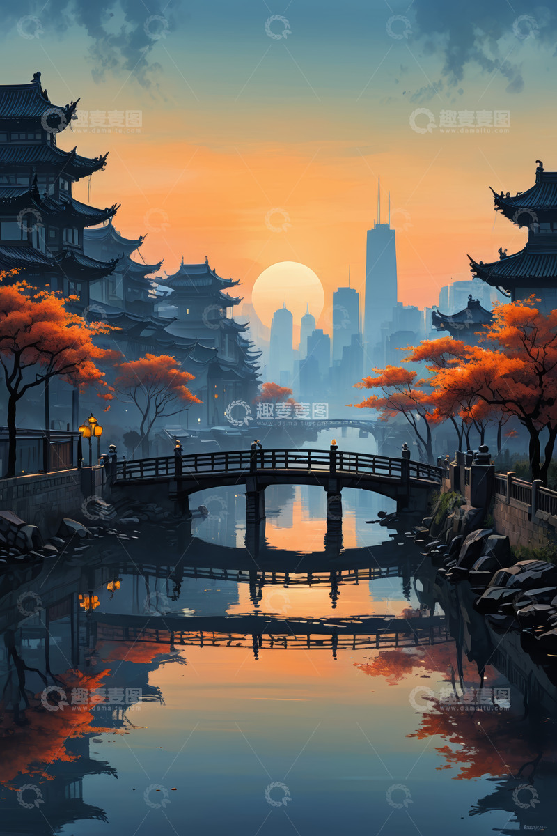 高清大图下载【趣麦麦图】古风建筑与现代城市日落景观