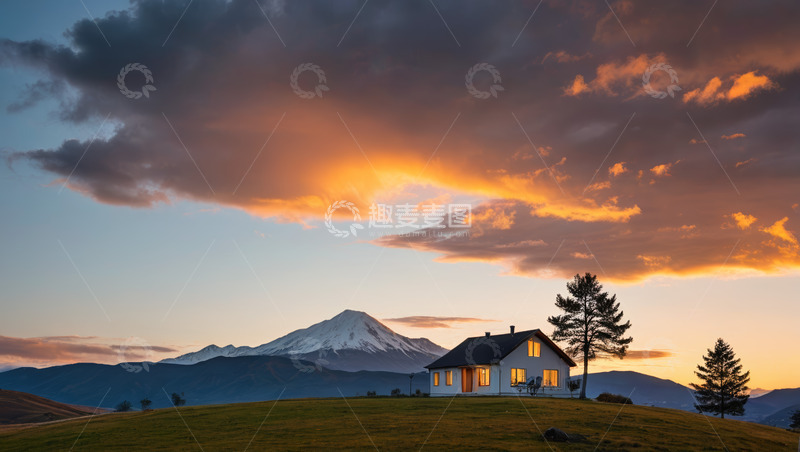 高清大图下载【趣麦麦图】山景中夕阳下的独栋房屋