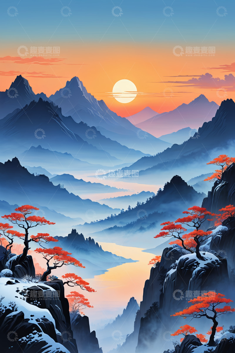 高清大图下载【趣麦麦图】夕阳下山川与红叶景观