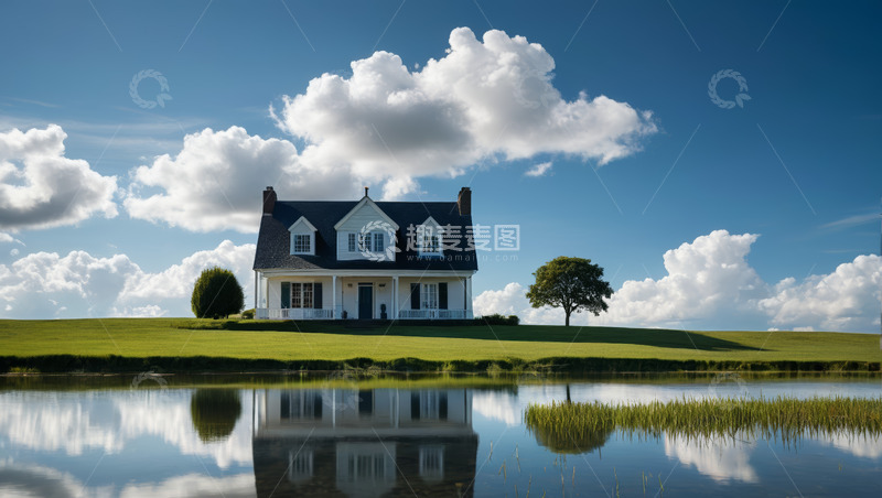 高清大图下载【趣麦麦图】田园湖畔独栋房屋风景